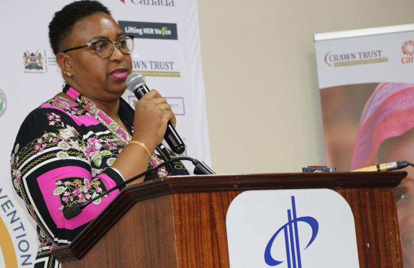 Hon Aisha Jumwa addresses audience during the Annual Women's Rights Convention