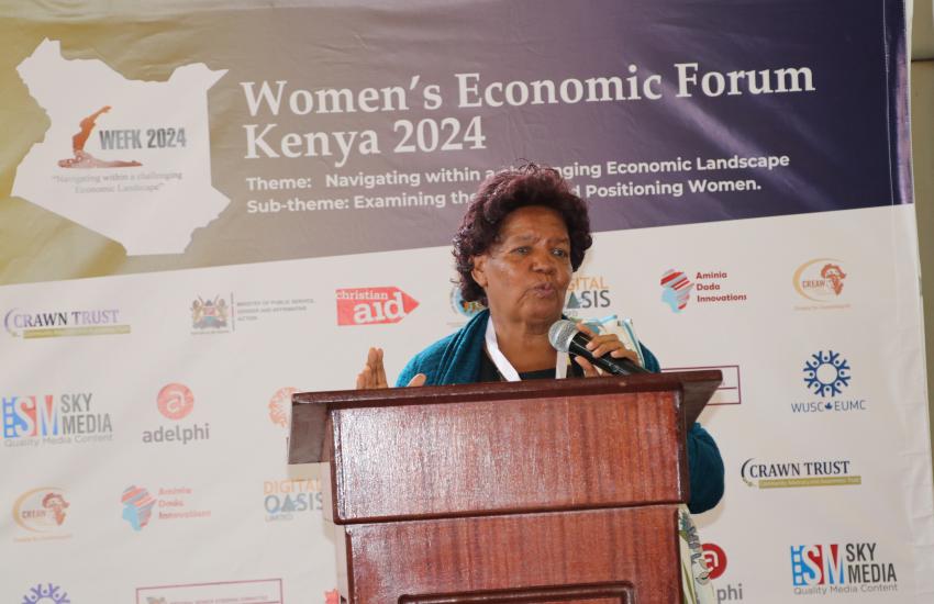 Prof Wanjiku Kabira delivers speech during WEF  Kenya 2024